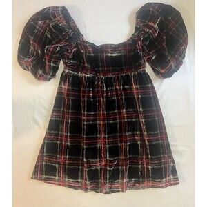 Francesca Mi Ami Plaid Velvet Mini Dress L Puff Sleeve Cottagecore Dark Academia